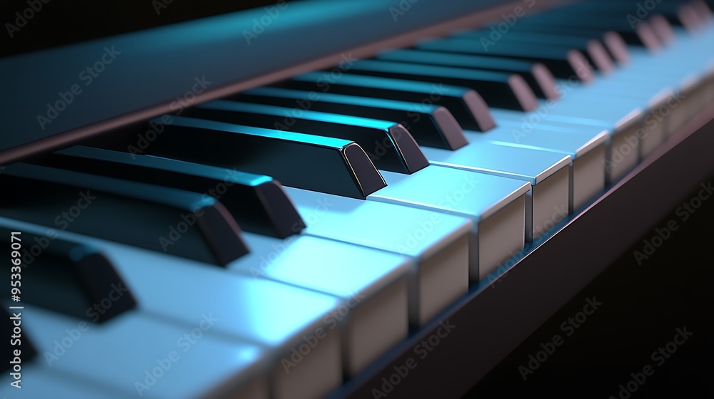 Close-up of Piano Keys Illuminated by Blue Light Close-up of Piano Keys Illuminated by Blue Light