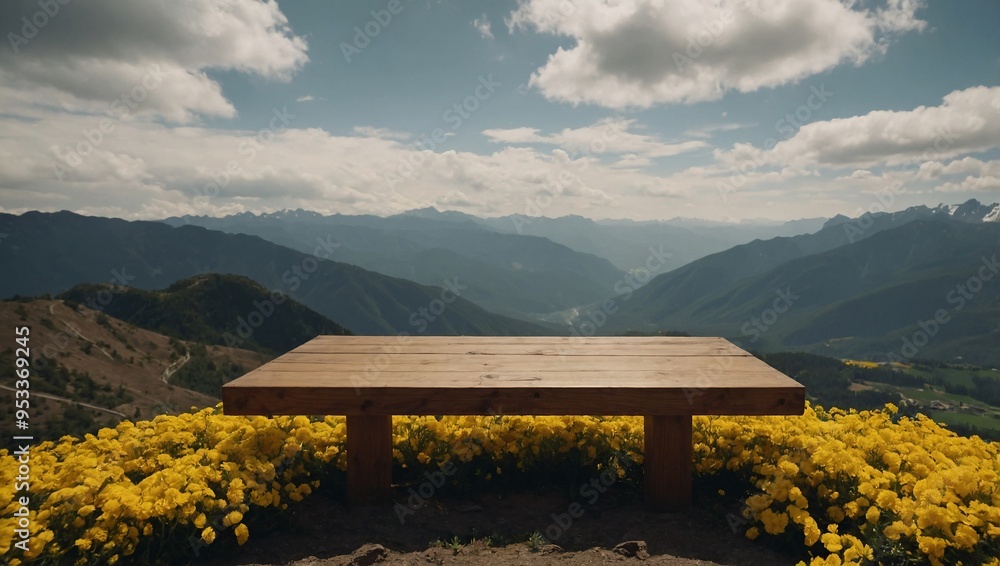 A natural wooden podium overlooking a mountain view adorned with yellow flowers. A natural wooden podium overlooking a mountain view adorned with yellow flowers.