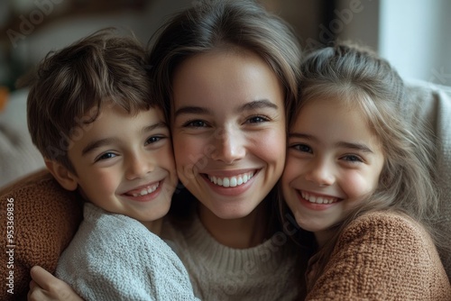 Happy mother hugging 6s son and 8s daughter laughing at funny joke, sitting on cozy couch at home, excited young mom with kids having fun, embracing and spending leisure time weekend, Generative AI photo