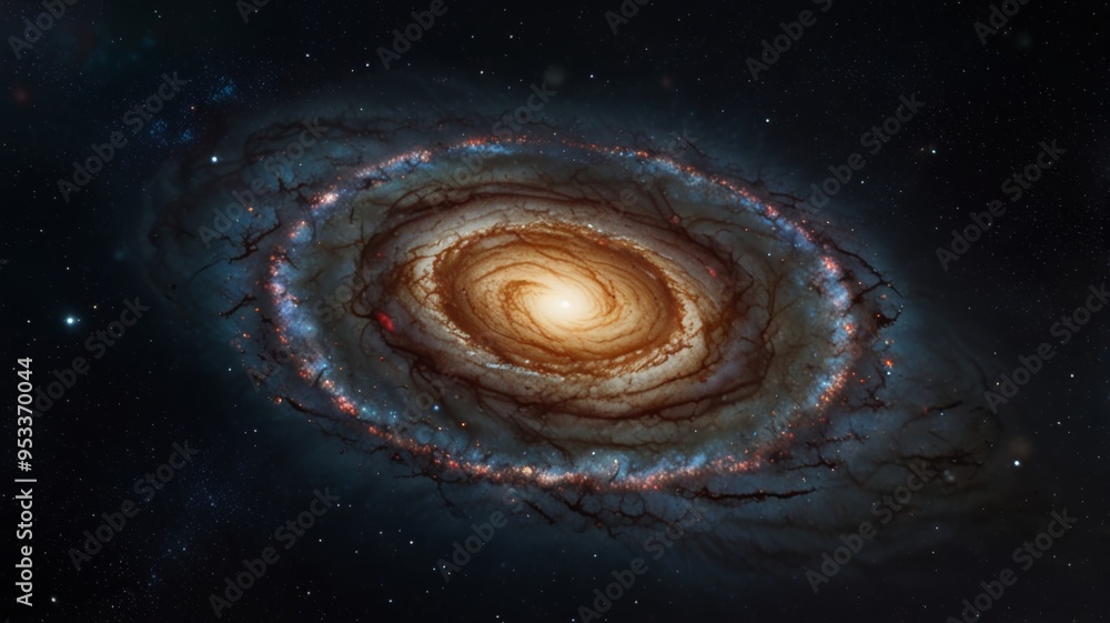 Spiral galaxy disk floating in outer space, showcasing its intricate structure and cosmic dust Spiral galaxy disk floating in outer space, showcasing its intricate structure and cosmic dust