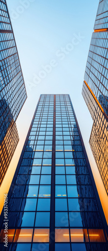 Modern glass skyscrapers reflecting sunlight, offering a stunning, abstract view of urban architecture under a clear blue sky. photo