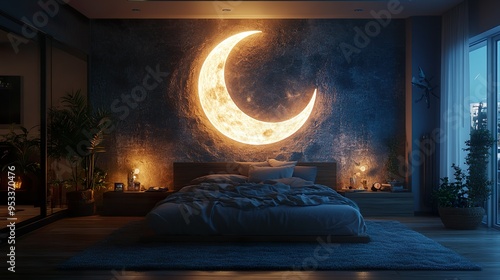 Modern Bedroom Featuring Crescent Moon Art and Starry Decor for a Calm Celestial Themed Atmosphere