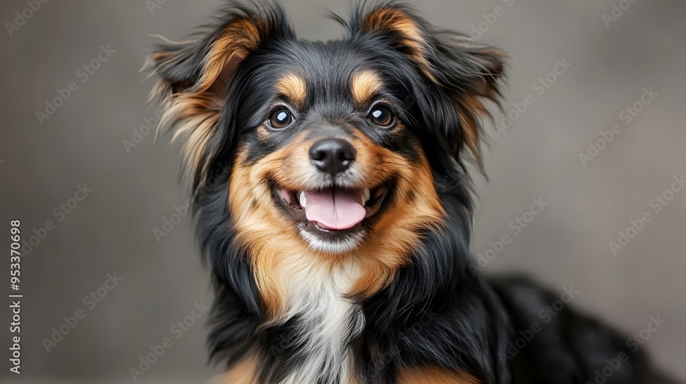 Joyful australian shepherd mix with fluffy ears and bright eyes posing happily Joyful australian shepherd mix with fluffy ears and bright eyes posing happily