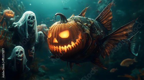 Spooky jack-o'-lantern anglerfish with ghostly companions underwater