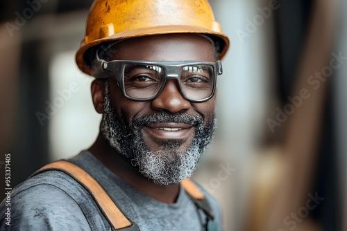 Smiling Construction Worker Operating Power Tool on Solid White Background photo