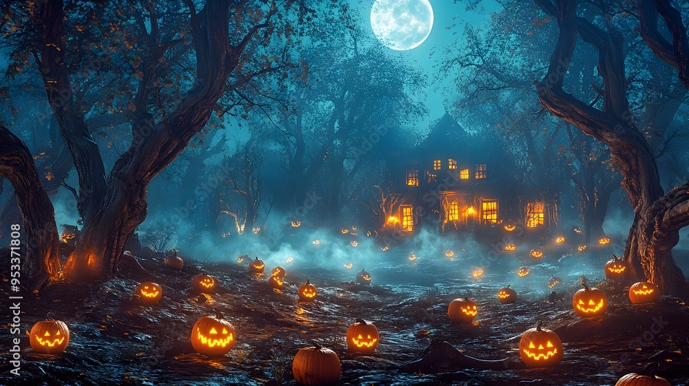 Obraz premium Spooky halloween night with glowing jack-o'-lanterns and haunted house under full moon
