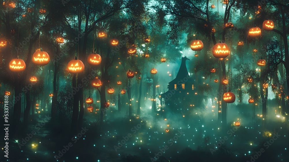 Enchanting halloween night with glowing jack-o'-lanterns in mysterious forest Enchanting halloween night with glowing jack-o'-lanterns in mysterious forest