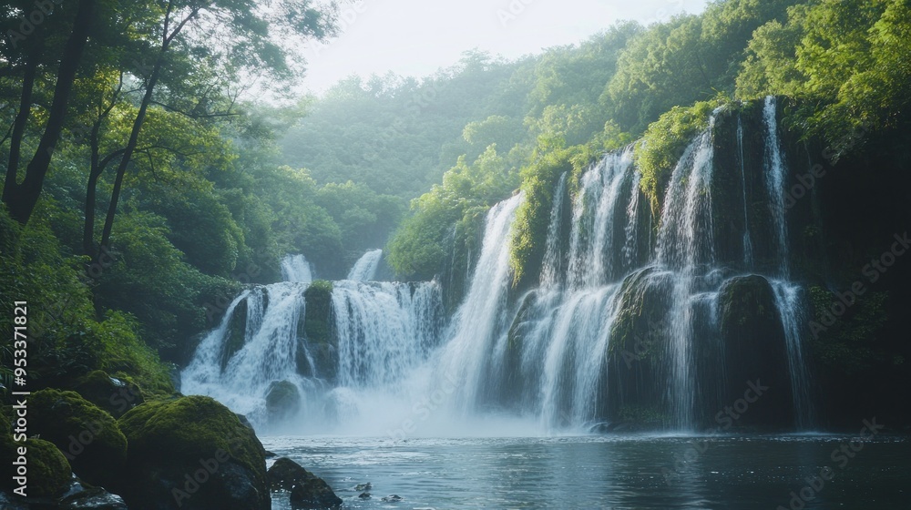 Naklejka premium Serene Waterfall in Lush Forest