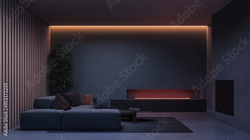 Modern minimalist living room interior with led lighting, wal panels and minimal furniture