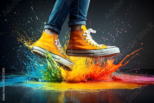 Vibrant Splash of Colors as Sneakers Step Through Abstract Paint Puddles photo