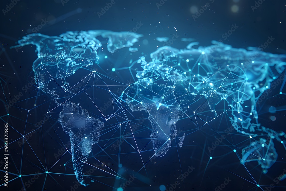 Digital representation of a world map, glowing lines and points of connectivity and data flow. Digital representation of a world map, glowing lines and points of connectivity and data flow.