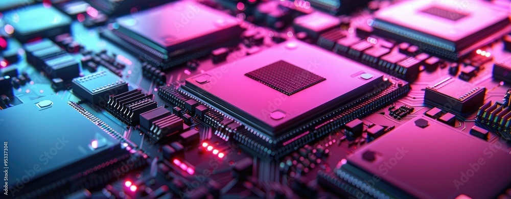 Close-up of a Computer Motherboard with a Pink and Blue Glow. Close-up of a Computer Motherboard with a Pink and Blue Glow.
