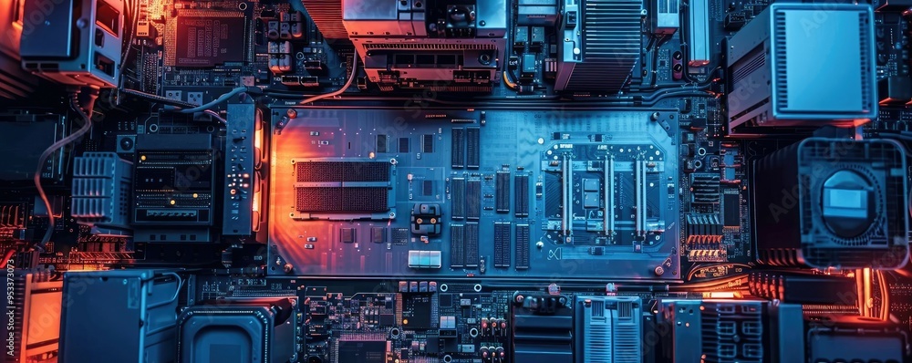 Fototapeta premium A semiconductor fabrication plant lit by UV light