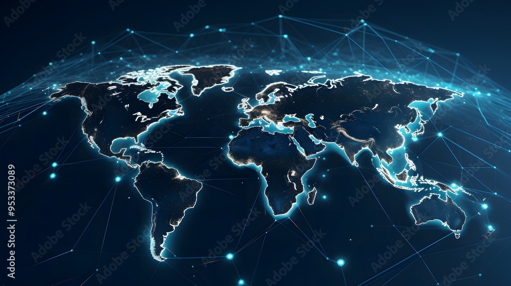 Digital representation of a world map, glowing lines and points of connectivity and data flow. Digital representation of a world map, glowing lines and points of connectivity and data flow.