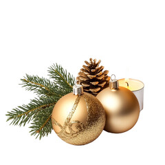 Christmas ornaments paired with a fir branch and pine cone add a festive touch accompanied by a glowing candle, christmas balls decoration with fir branch and candle isolated transparent background