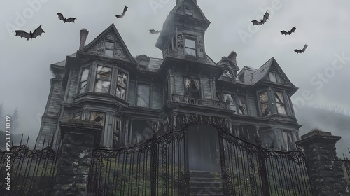 Spooky haunted mansion with bats in foggy atmosphere photo