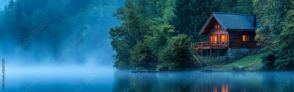 Obraz premium Misty Lakeside Dream House, a serene retreat nestled by tranquil waters, surrounded by lush greenery, inviting peace and relaxation amid nature's beauty.