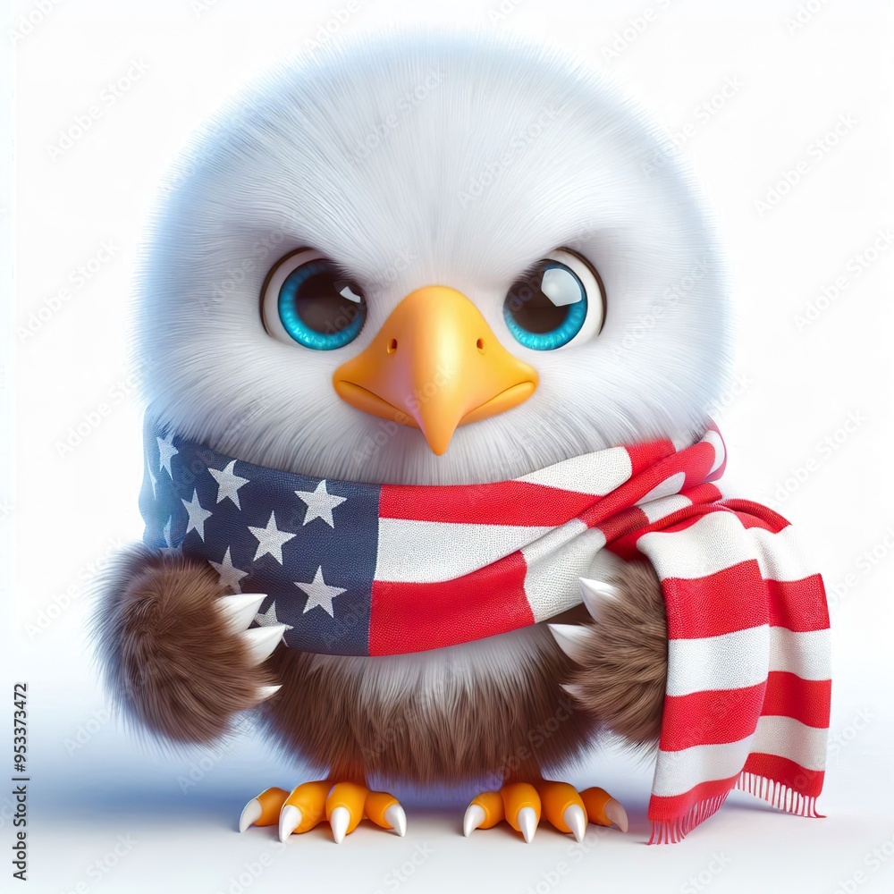 Obraz premium Cute 3d fluffy Eagle character with USA style scarf, white background