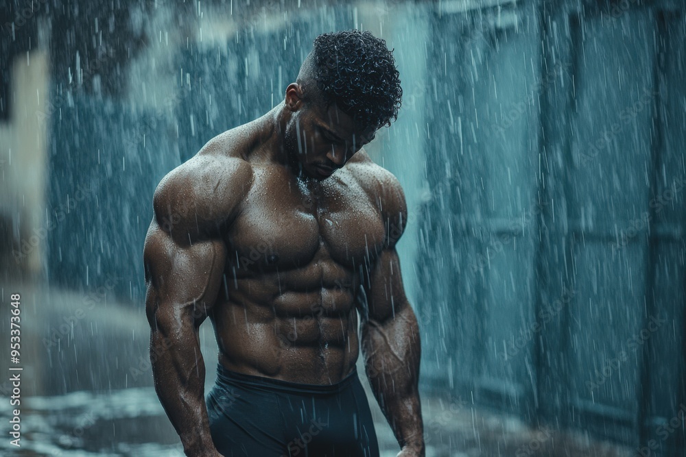 Man In The Rain. Athletic Bodybuilder Alone in Beautiful Bad Weather Background Man In The Rain. Athletic Bodybuilder Alone in Beautiful Bad Weather Background