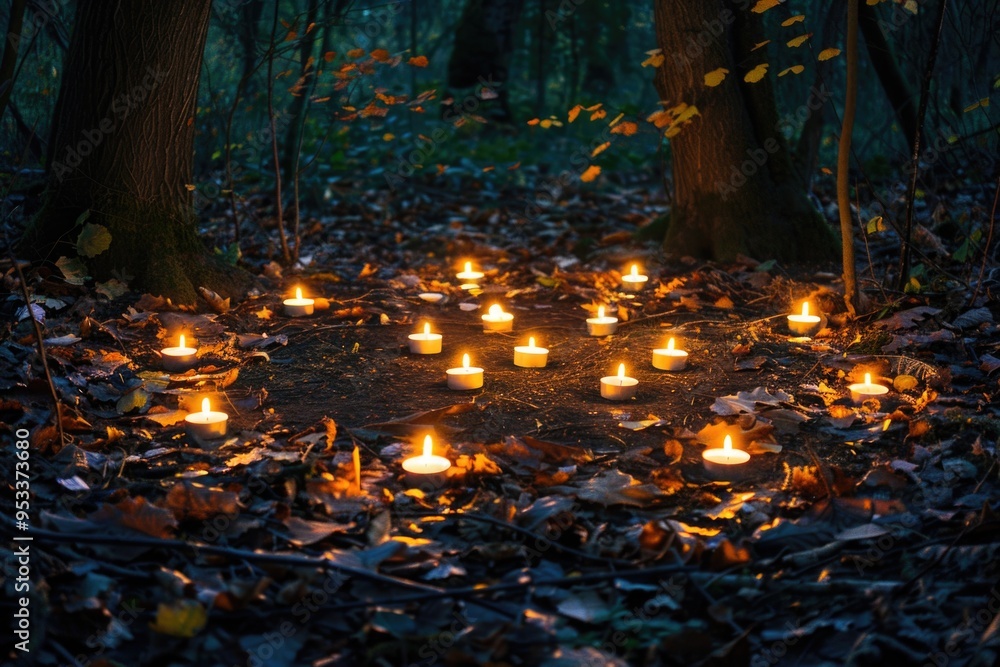 A cluster of lit candles surrounded by trees and foliage A cluster of lit candles surrounded by trees and foliage
