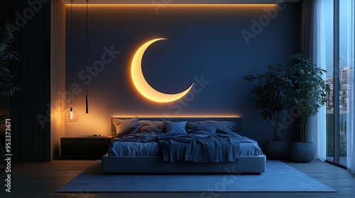 Modern Bedroom with Crescent Moon Art and Celestial Decor for a Tranquil Sleek Vibe