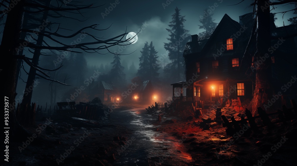 haunted house in the woods, murder mystery story with a dark house at night, the windows have a red glow to them and the creepy darkness extends to a street and a forest. haunted house in the woods, murder mystery story with a dark house at night, the windows have a red glow to them and the creepy darkness extends to a street and a forest.