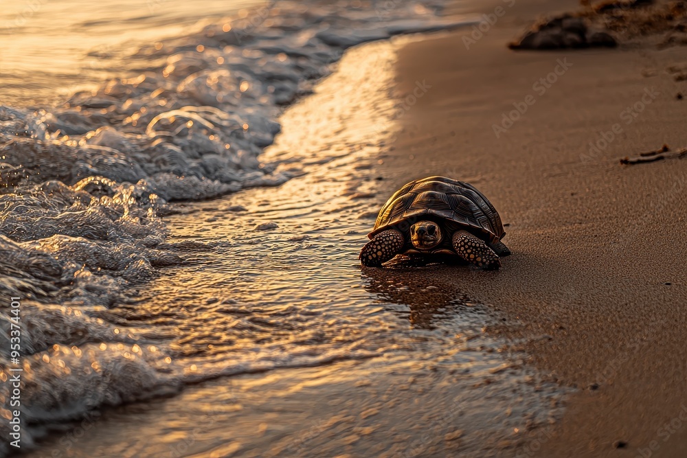 Obraz premium Tortoise Walking on Sandy Beach with Waves at Sunset