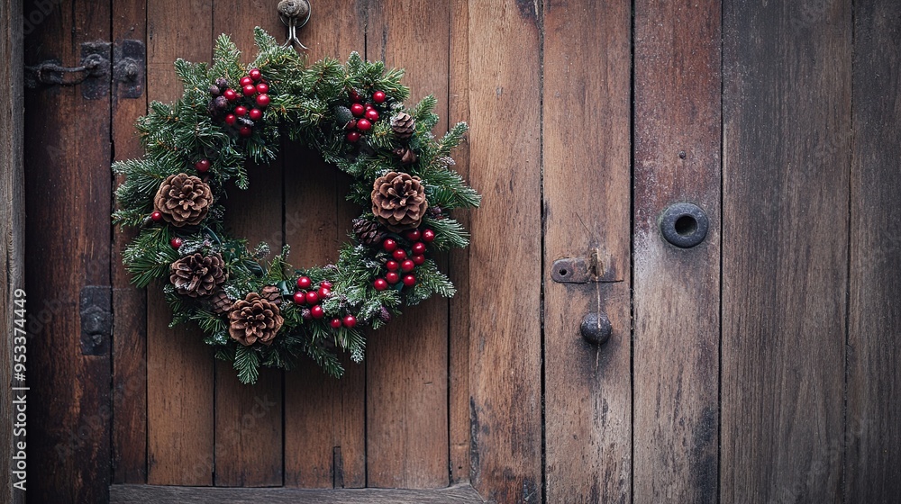 beautifully crafted Christmas wreath hanging on a rustic wooden door, adorned with berries and pine cones beautifully crafted Christmas wreath hanging on a rustic wooden door, adorned with berries and pine cones
