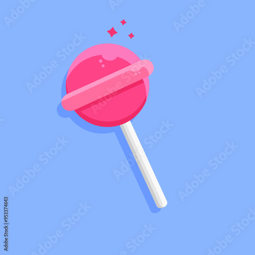 Strawberry flavored lollipop candy designed in cartoon flat style. Vector illustration. Sweet snack concept design.