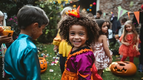 A Group of Children from Different Backgrounds Enjoying a Fun-Filled Halloween Party in Cute and Creative Costumes, Surrounded by Candy, Games, and Carved Pumpkins, Vibrant Colors