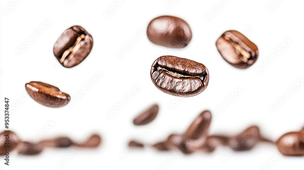 Coffee beans falling through the air, isolated on a white background. Coffee beans falling through the air, isolated on a white background.