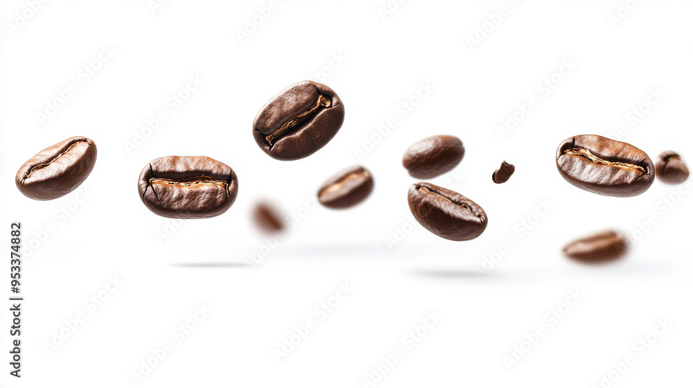 Coffee beans falling through the air, isolated on a white background. Coffee beans falling through the air, isolated on a white background.