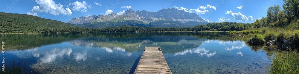 A small wooden dock extends into a clear lake with mountains reflected in the water A small wooden dock extends into a clear lake with mountains reflected in the water