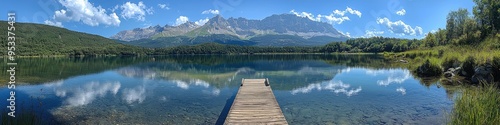 A small wooden dock extends into a clear lake with mountains reflected in the water