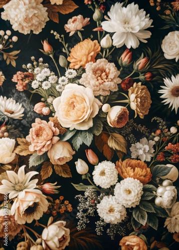 Floral pattern background | Vintage bouquet of beautiful autumn flowers on a dark background | Elegant wallpaper texture.
