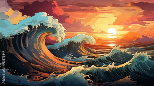 Hokusai style and comic style background Waves, sea.