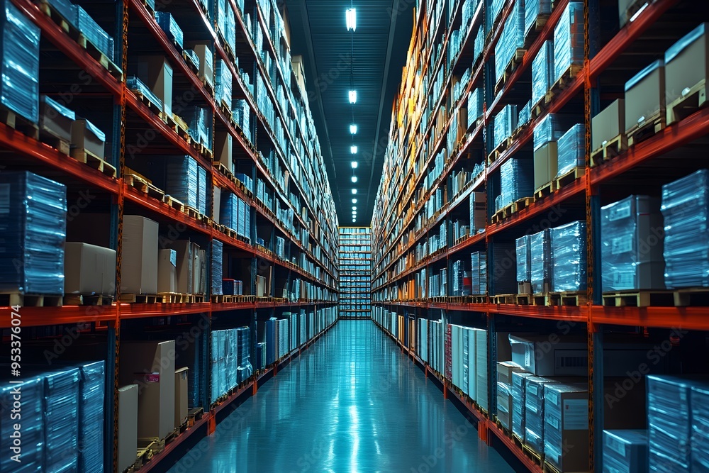 A large warehouse with many shelves and boxes A large warehouse with many shelves and boxes