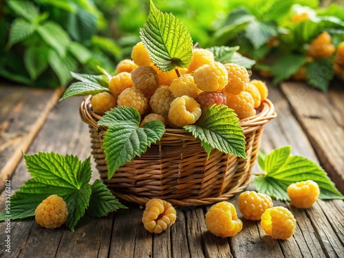 Ripe yellow raspberries overflowing from a wicker basket, surrounded by green leaves and stems, set against a natural woodtone background with soft morning light. photo