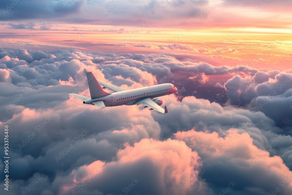 A plane soaring above the cloudy sky as the sun sets in the background, perfect for travel or adventure themes A plane soaring above the cloudy sky as the sun sets in the background, perfect for travel or adventure themes