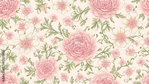 Delicate seamless pink wallpaper featuring a repeating pattern of intricately illustrated flowers
