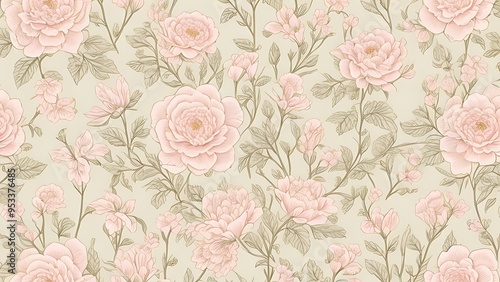 Delicate seamless pink wallpaper featuring a repeating pattern of intricately illustrated flowers