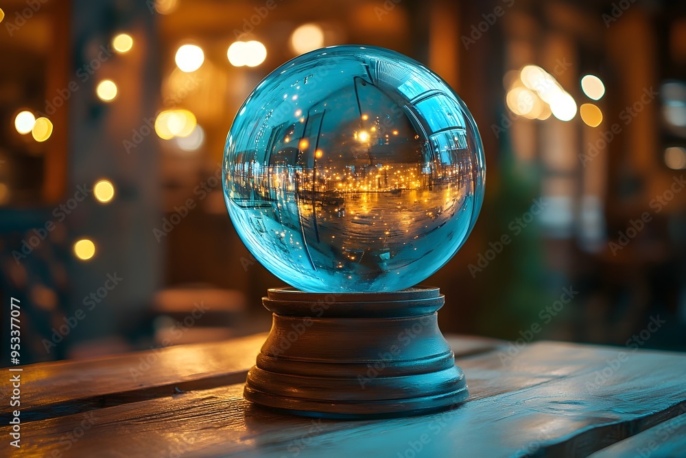 A glass ball with a wooden base sits on a table A glass ball with a wooden base sits on a table