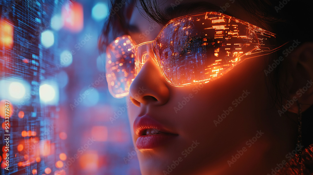 Woman Looking Through Futuristic Glasses Reflecting City Lights Woman Looking Through Futuristic Glasses Reflecting City Lights