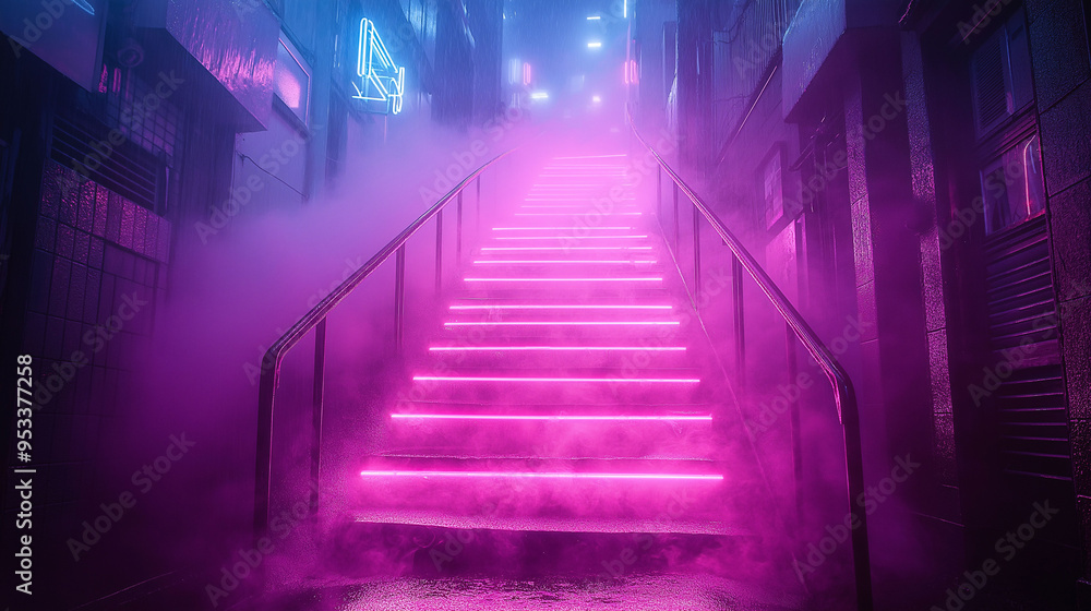 Neon Pink Stairs in Foggy Urban Alley Neon Pink Stairs in Foggy Urban Alley
