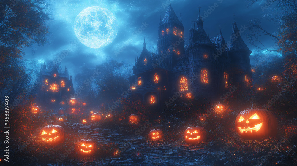 Haunted Halloween Castle with Jack O Lantern Path Haunted Halloween Castle with Jack O Lantern Path
