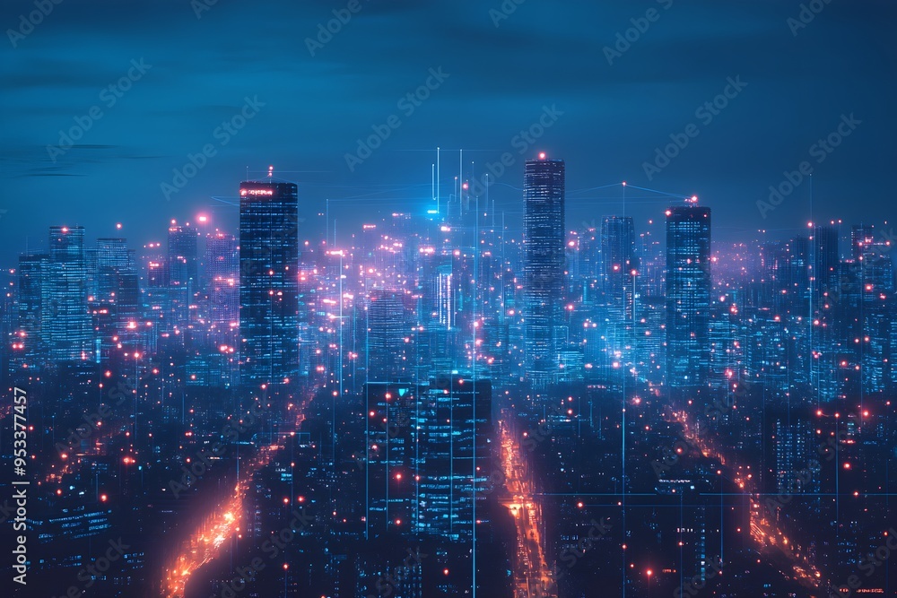 A cityscape with many buildings and lights A cityscape with many buildings and lights