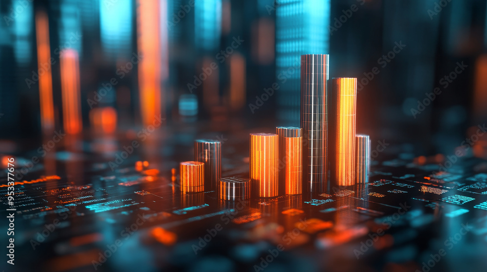 The 3D render of the data visualization bar chart for finance combines ...