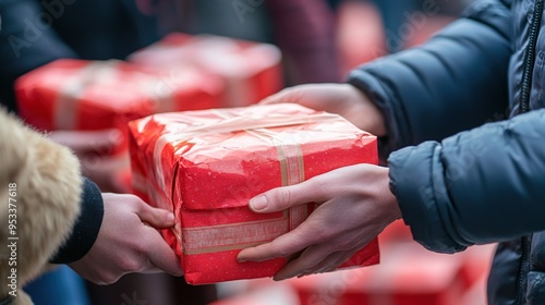 close-up of hands giving out Christmas care packages as part of a holiday volunteering effort