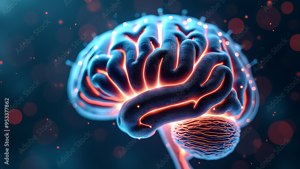 A Digital Illustration of a Human Brain with Highlighted Neural Pathways and Activity, Set Against a Dark Background with Blue and Red Bokeh Effects, Conveying Concepts of Neuroscience. A Digital Illustration of a Human Brain with Highlighted Neural Pathways and Activity, Set Against a Dark Background with Blue and Red Bokeh Effects, Conveying Concepts of Neuroscience.