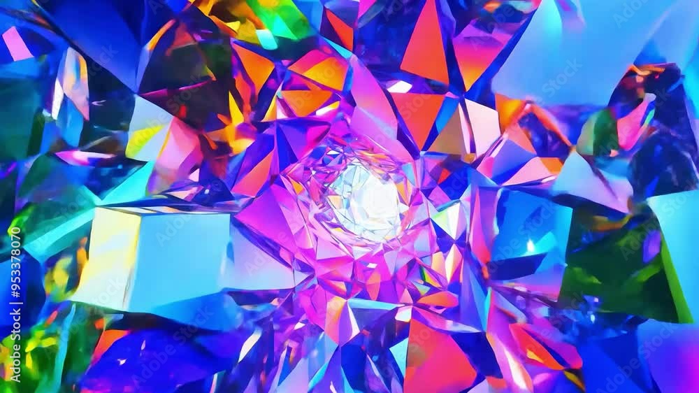 Abstract animation showcases light traveling through a vibrant crystal tunnel, featuring a mesmerizing display of colors and patterns that evoke a sense of magic and fantasy